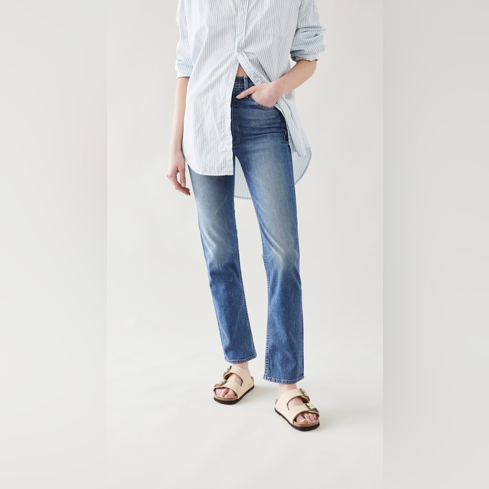 MOTHER High Rise Straight Jeans in Medium Blue
